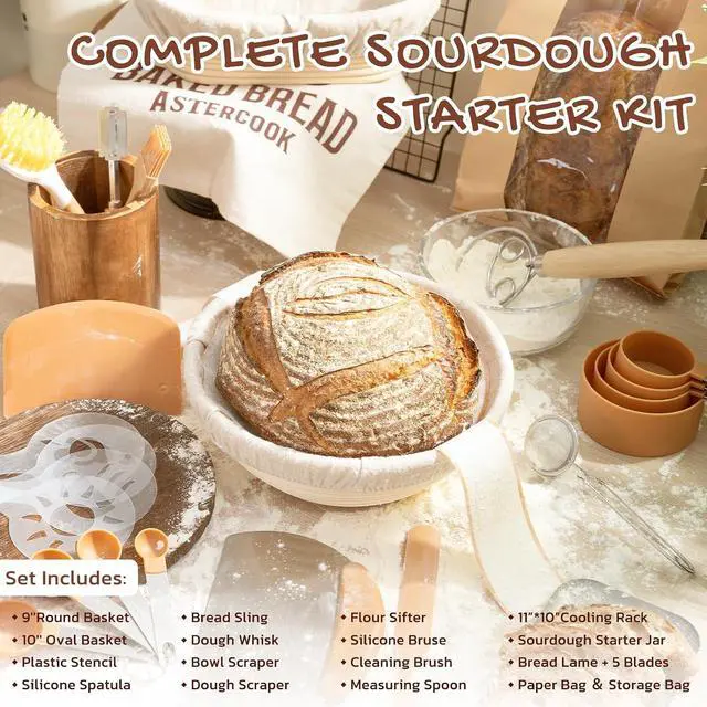Alt view image 2 of 7 - Astercook Sourdough Starter Kit with Round & Oval Banneton Bread Proofing Basket, Starter Jar, Dough Whisk, Scrapers, Stencils, Complete Sourdough Bread Baking Supplies, Fathers Day Gift for Men
