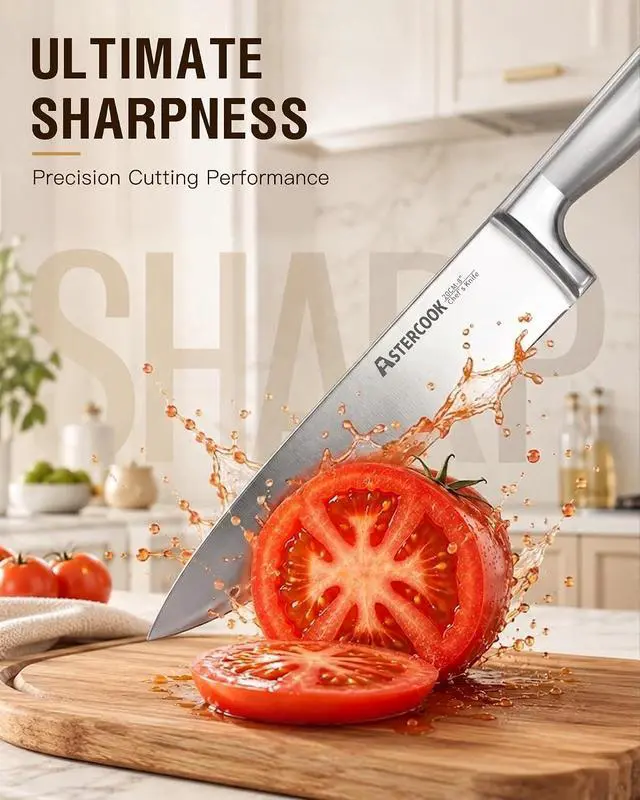 Alt view image 2 of 7 - Astercook Knife Set 15 Piece German Steel Kitchen Knife Block Set | Wooden Block, Built-in Sharpener, One-Piece Design, Razor Sharp, Rust-Resistant, 6 Steak Knife, Full Tang, For Cooking & Gift