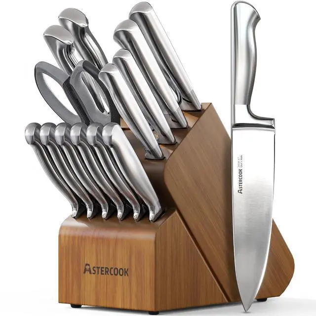 Main image of Astercook Knife Set 15 Piece German Steel Kitchen Knife Block Set | Wooden Block, Built-in Sharpener, One-Piece Design, Razor Sharp, Rust-Resistant, 6 Steak Knife, Full Tang, For Cooking & Gift