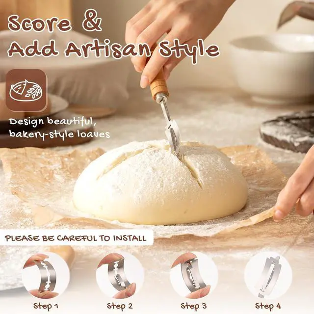 Alt view image 5 of 7 - Astercook Sourdough Starter Kit with Round & Oval Banneton Bread Proofing Basket, Starter Jar, Dough Whisk, Scrapers, Stencils, Complete Sourdough Bread Baking Supplies, Fathers Day Gift for Men