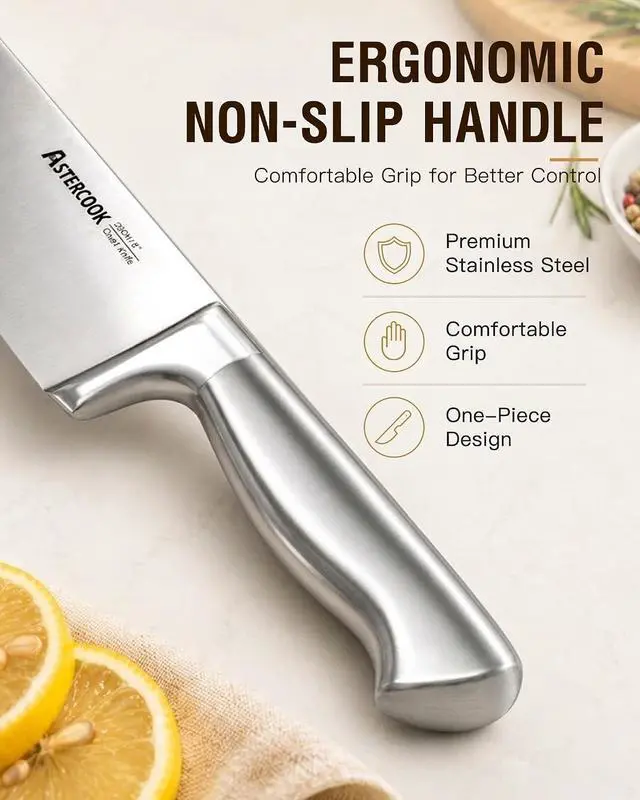 Alt view image 3 of 7 - Astercook Knife Set 15 Piece German Steel Kitchen Knife Block Set | Wooden Block, Built-in Sharpener, One-Piece Design, Razor Sharp, Rust-Resistant, 6 Steak Knife, Full Tang, For Cooking & Gift