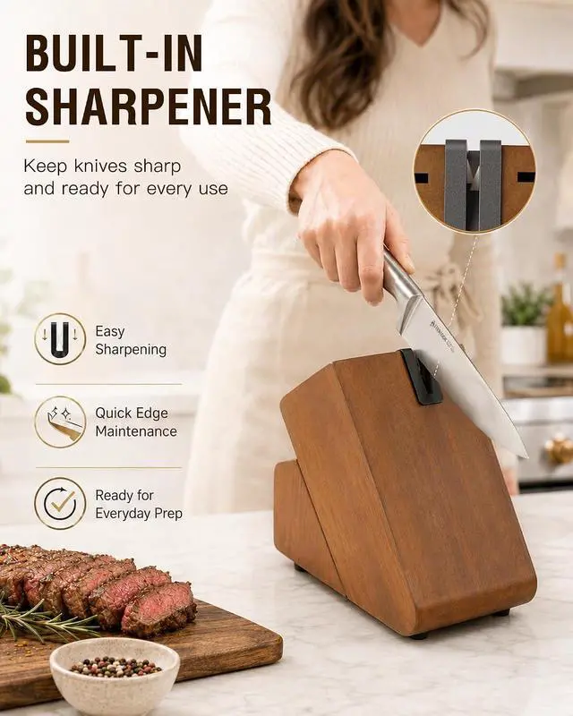 Alt view image 4 of 7 - Astercook Knife Set 15 Piece German Steel Kitchen Knife Block Set | Wooden Block, Built-in Sharpener, One-Piece Design, Razor Sharp, Rust-Resistant, 6 Steak Knife, Full Tang, For Cooking & Gift
