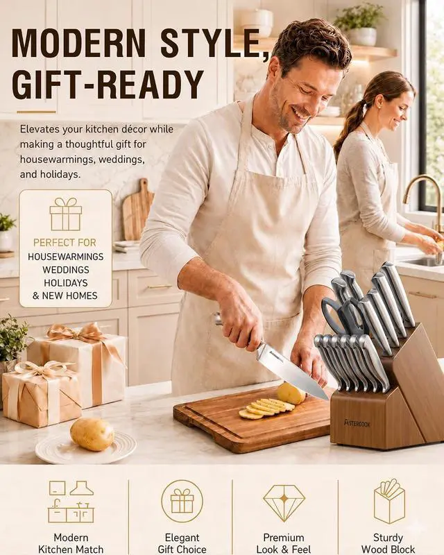Alt view image 7 of 7 - Astercook Knife Set 15 Piece German Steel Kitchen Knife Block Set | Wooden Block, Built-in Sharpener, One-Piece Design, Razor Sharp, Rust-Resistant, 6 Steak Knife, Full Tang, For Cooking & Gift