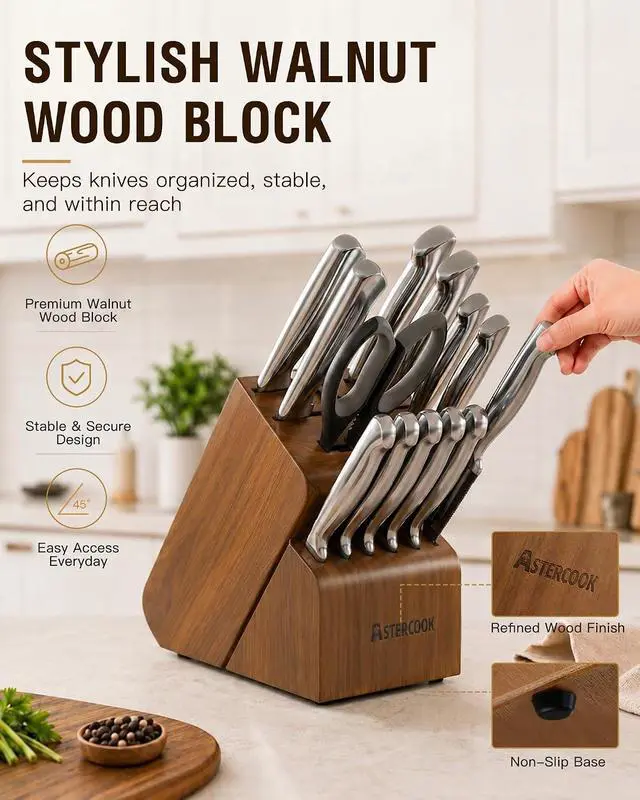 Alt view image 6 of 7 - Astercook Knife Set 15 Piece German Steel Kitchen Knife Block Set | Wooden Block, Built-in Sharpener, One-Piece Design, Razor Sharp, Rust-Resistant, 6 Steak Knife, Full Tang, For Cooking & Gift