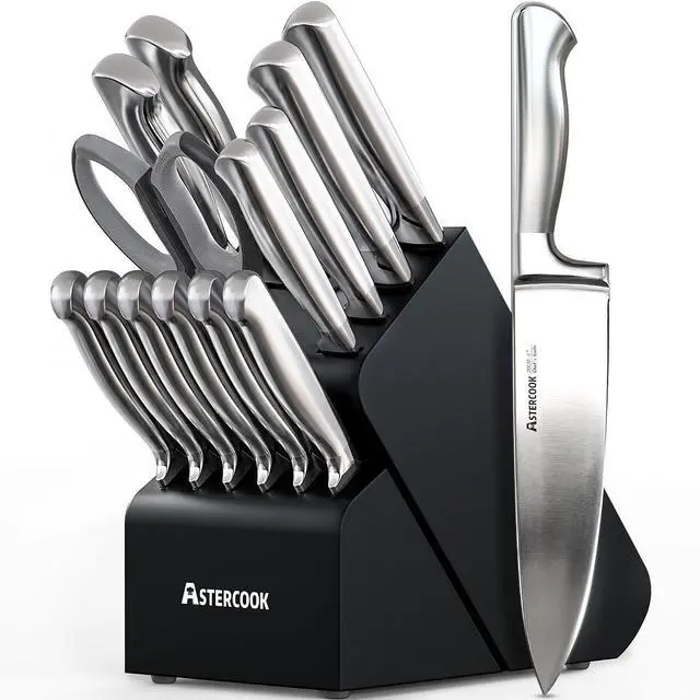 Main image of Astercook Knife Set 15 Piece German Steel Kitchen Knife Block Set | Wooden Block with Built-in Sharpener, One-Piece Design, Dishwasher Safe, Rust-Resistant, 6 Steak Knives, For Cooking & Gift