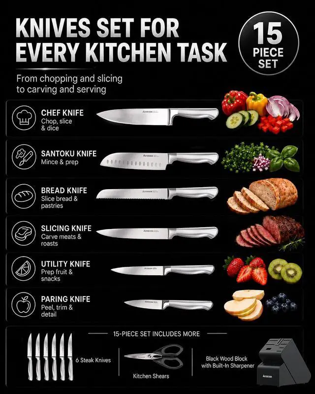 Alt view image 4 of 7 - Astercook Knife Set 15 Piece German Steel Kitchen Knife Block Set | Wooden Block with Built-in Sharpener, One-Piece Design, Dishwasher Safe, Rust-Resistant, 6 Steak Knives, For Cooking & Gift