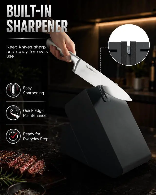 Alt view image 6 of 7 - Astercook Knife Set 15 Piece German Steel Kitchen Knife Block Set | Wooden Block with Built-in Sharpener, One-Piece Design, Dishwasher Safe, Rust-Resistant, 6 Steak Knives, For Cooking & Gift