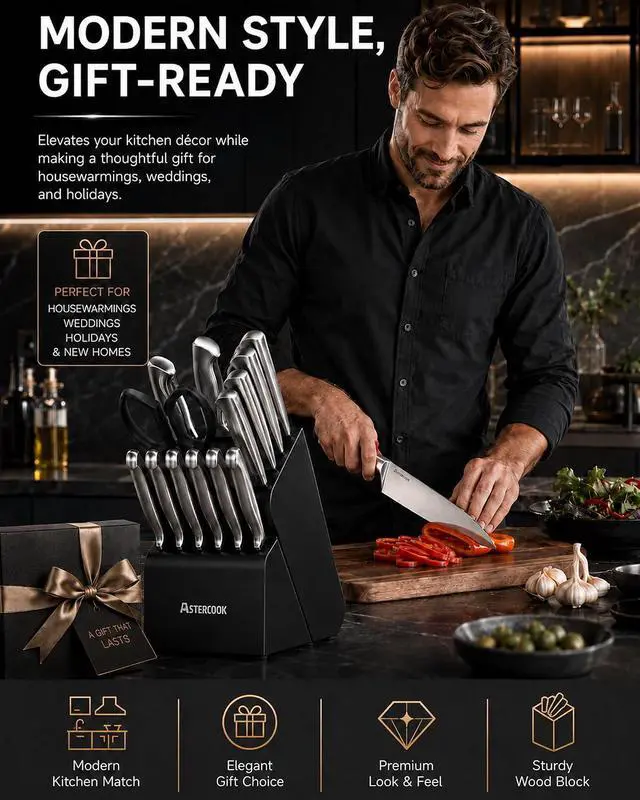 Alt view image 7 of 7 - Astercook Knife Set 15 Piece German Steel Kitchen Knife Block Set | Wooden Block with Built-in Sharpener, One-Piece Design, Dishwasher Safe, Rust-Resistant, 6 Steak Knives, For Cooking & Gift