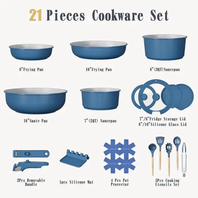 Alt view image 2 of 7 - Umite Chef Pots and Pans Set Non Stick, 21 pcs Ceramic Cookware Set with Detachable Handles, Healthy Induction Cookware, RV Kitchen Cooking Set, with Utensils & Frying Pans Set, PFAS PFOA & PTFE Free