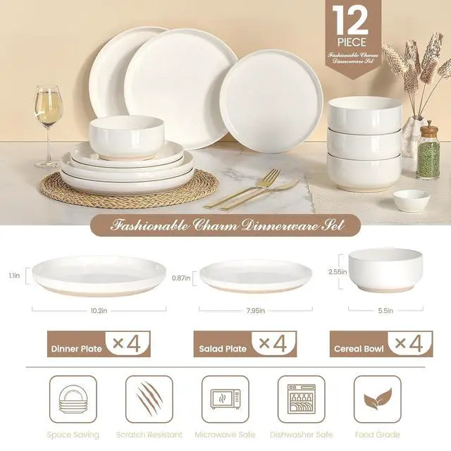 Alt view image 2 of 7 - Plates and Bowls Sets, Dinnerware Sets for 4, 12 Pieces Scratch Resistant Dishware Dishes Set, Ceramic Kitchen Dinner Set, Porcelain & Microwave and Dishwasher Safe, Cream White