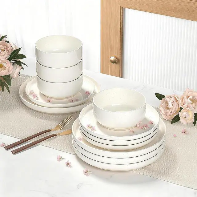 Alt view image 3 of 7 - Plates and Bowls Sets, Dinnerware Sets for 4, 12 Pieces Scratch Resistant Dishware Dishes Set, Ceramic Kitchen Dinner Set, Porcelain & Microwave and Dishwasher Safe, Cream White