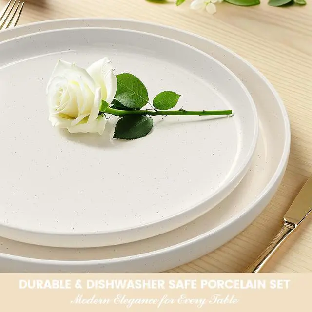 Alt view image 3 of 7 - Plates and Bowls Sets, Scratch Resistant Dinnerware Sets for 8, 24 Pieces Porcelain Ceramic Dishware Dishes Set, Modern Stoneware Kitchen Dinner Set, Microwave and Dishwasher Safe, Cream White