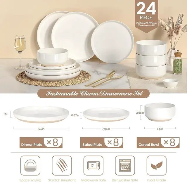 Alt view image 2 of 7 - Plates and Bowls Sets, Scratch Resistant Dinnerware Sets for 8, 24 Pieces Porcelain Ceramic Dishware Dishes Set, Modern Stoneware Kitchen Dinner Set, Microwave and Dishwasher Safe, Cream White