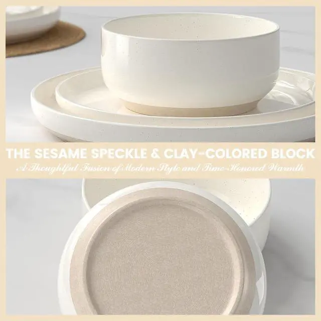 Alt view image 6 of 7 - Plates and Bowls Sets, Scratch Resistant Dinnerware Sets for 8, 24 Pieces Porcelain Ceramic Dishware Dishes Set, Modern Stoneware Kitchen Dinner Set, Microwave and Dishwasher Safe, Cream White