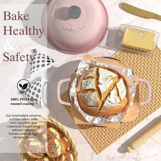 Alt view image 2 of 7 - Cast Iron Dutch Oven Pot with Lid, Round Bread Oven for Sourdough Bread Baking, Umite Chef Enameled Cast Iron Bread Oven with Dome Lid & Cotton Potholders for Sourdough, Pink, 6 Quarts