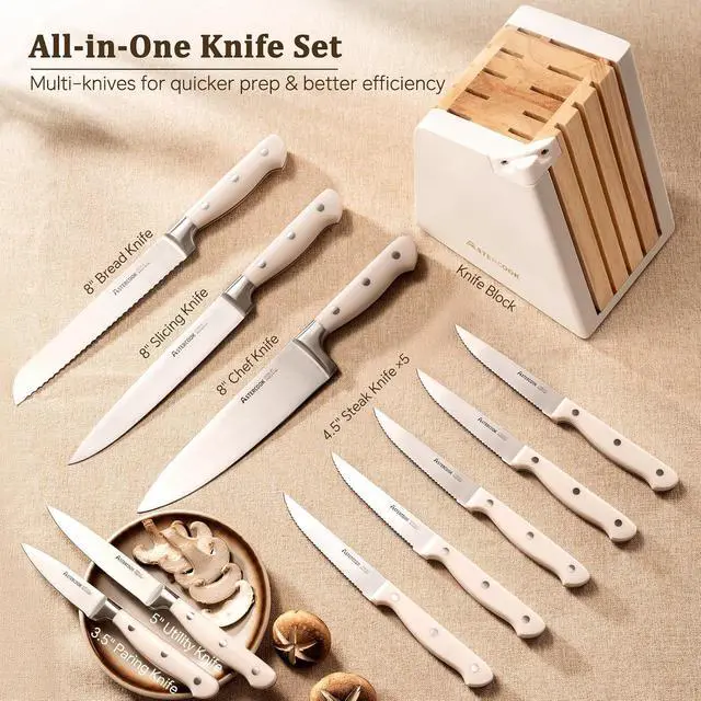 Alt view image 2 of 7 - Astercook Knife Set, Kitchen Knife Set with Block and Sharpener, 12 Pcs Ultra-Sharp High Carbon Stainless Steel Knife Block Set with Non-Slip Full Tang Ergonomic Handle, Cream White Cutlery Set