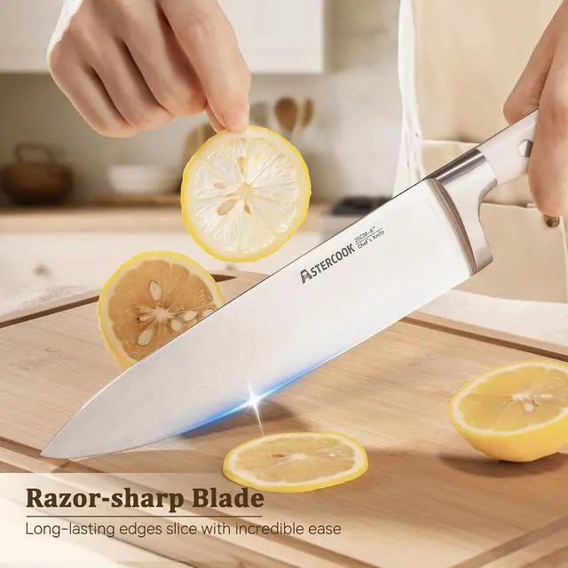 Alt view image 3 of 7 - Astercook Knife Set, Kitchen Knife Set with Block and Sharpener, 12 Pcs Ultra-Sharp High Carbon Stainless Steel Knife Block Set with Non-Slip Full Tang Ergonomic Handle, Cream White Cutlery Set