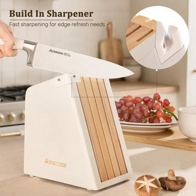 Alt view image 4 of 7 - Astercook Knife Set, Kitchen Knife Set with Block and Sharpener, 12 Pcs Ultra-Sharp High Carbon Stainless Steel Knife Block Set with Non-Slip Full Tang Ergonomic Handle, Cream White Cutlery Set