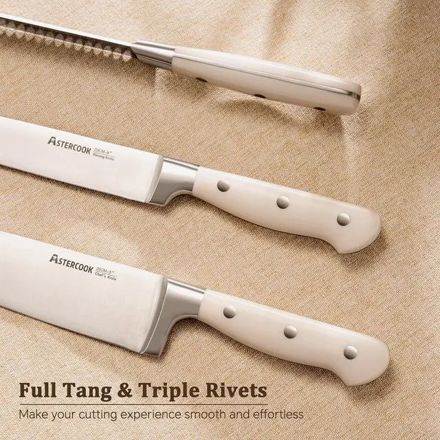 Alt view image 5 of 7 - Astercook Knife Set, Kitchen Knife Set with Block and Sharpener, 12 Pcs Ultra-Sharp High Carbon Stainless Steel Knife Block Set with Non-Slip Full Tang Ergonomic Handle, Cream White Cutlery Set
