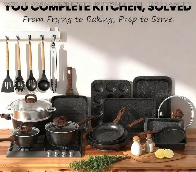 Alt view image 3 of 7 - Pots and Pans Set Non Stick, 31 Piece Kitchen Induction Cookware & Bakeware Set, Nonstick Kitchen Cooking Pans Set with Frying Pans Set Grill Pan Saucepan Baking Sheet & Utensils, PFOA Free