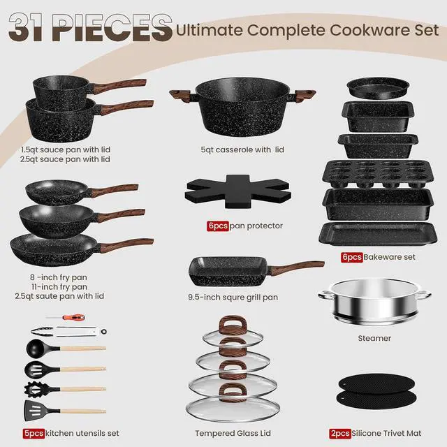 Alt view image 2 of 7 - Pots and Pans Set Non Stick, 31 Piece Kitchen Induction Cookware & Bakeware Set, Nonstick Kitchen Cooking Pans Set with Frying Pans Set Grill Pan Saucepan Baking Sheet & Utensils, PFOA Free