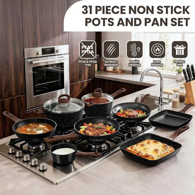 Alt view image 5 of 7 - Pots and Pans Set Non Stick, 31 Piece Kitchen Induction Cookware & Bakeware Set, Nonstick Kitchen Cooking Pans Set with Frying Pans Set Grill Pan Saucepan Baking Sheet & Utensils, PFOA Free