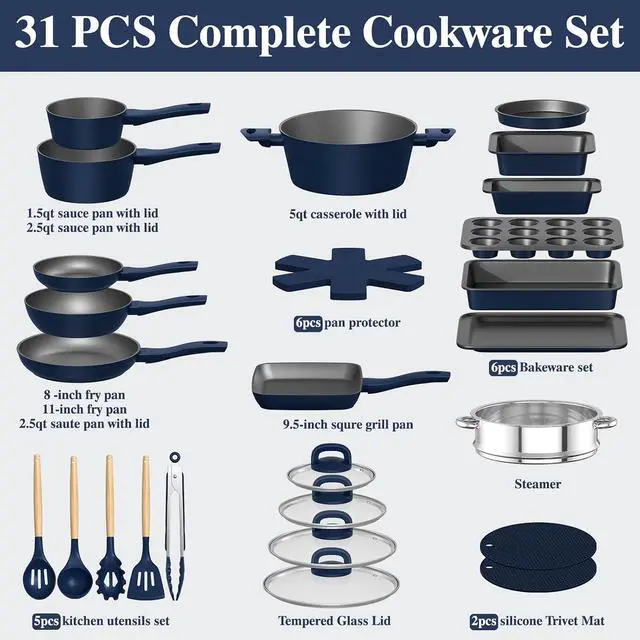 Alt view image 2 of 7 - Pots and Pans Set Nonstick, Umite Chef Kitchen Non Stick Induction Cookware & Bakeware Set - 31 PCS Cooking Pans Set with Frying Pans & Utensil, Sturdy & Easy to Clean & PFOA Free (Navy Blue)