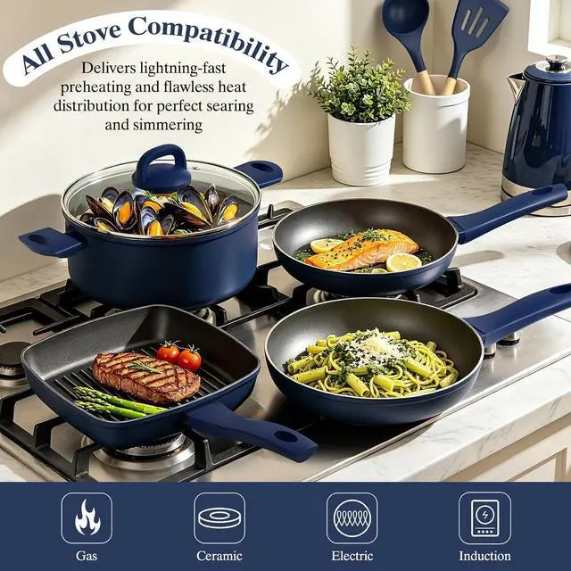 Alt view image 4 of 7 - Pots and Pans Set Nonstick, Umite Chef Kitchen Non Stick Induction Cookware & Bakeware Set - 31 PCS Cooking Pans Set with Frying Pans & Utensil, Sturdy & Easy to Clean & PFOA Free (Navy Blue)