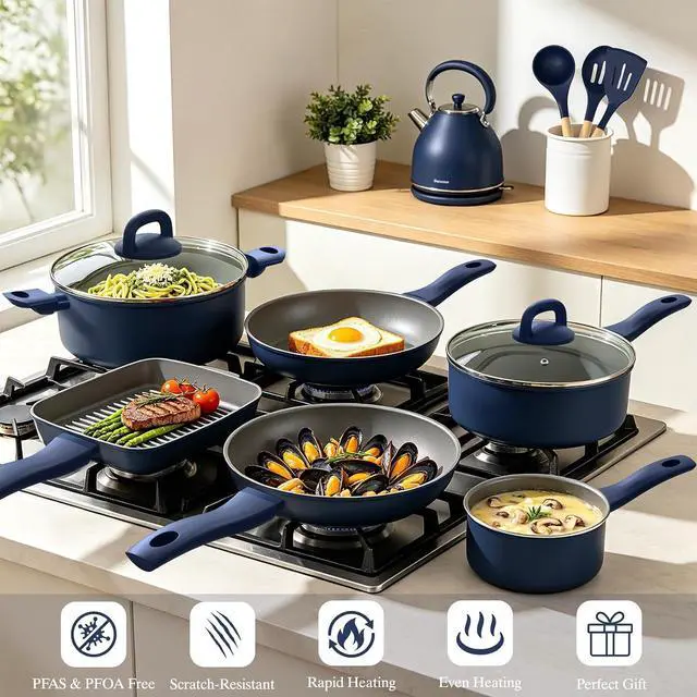 Alt view image 6 of 7 - Pots and Pans Set Nonstick, Umite Chef Kitchen Non Stick Induction Cookware & Bakeware Set - 31 PCS Cooking Pans Set with Frying Pans & Utensil, Sturdy & Easy to Clean & PFOA Free (Navy Blue)