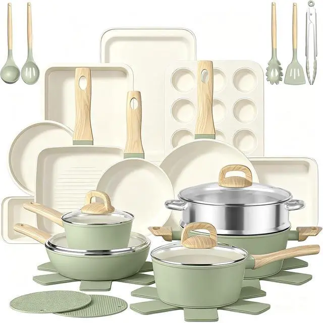 Main image of Pots and Pans Set Nonstick, Umite Chef 31-Piece Induction Cookware & Bakeware Set with Frying Pans, Saucepan, Grill Pan, Baking Sheet & Utensils, PFOA-Free Kitchen Starter Set (Sage Green)