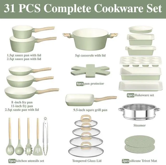 Alt view image 2 of 7 - Pots and Pans Set Nonstick, Umite Chef 31-Piece Induction Cookware & Bakeware Set with Frying Pans, Saucepan, Grill Pan, Baking Sheet & Utensils, PFOA-Free Kitchen Starter Set (Sage Green)