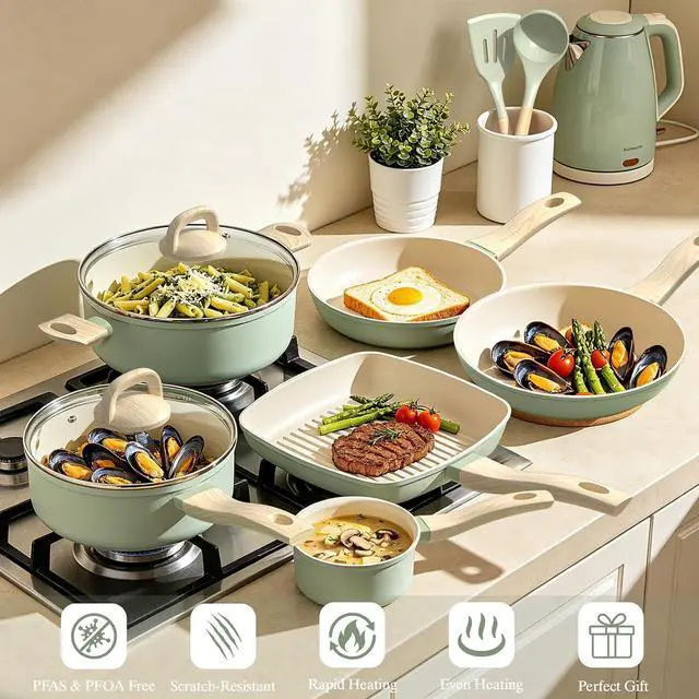Alt view image 4 of 7 - Pots and Pans Set Nonstick, Umite Chef 31-Piece Induction Cookware & Bakeware Set with Frying Pans, Saucepan, Grill Pan, Baking Sheet & Utensils, PFOA-Free Kitchen Starter Set (Sage Green)
