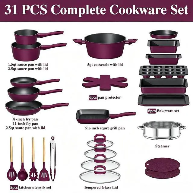 Alt view image 4 of 7 - Pots and Pans Set Nonstick, Umite Chef 31-Piece Induction Cookware & Bakeware Set with Frying Pans, Saucepans, Casserole, Steamer, Baking Set & Utensils, PFAS-Free Kitchen Starter Set (Purple)