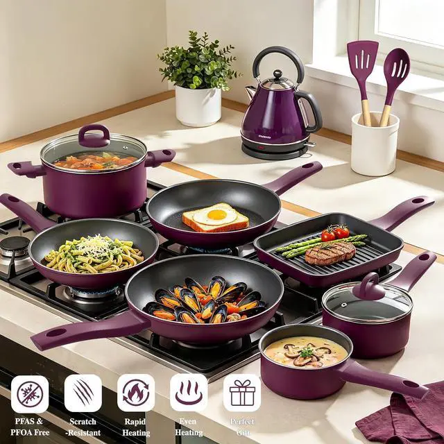 Alt view image 6 of 7 - Pots and Pans Set Nonstick, Umite Chef 31-Piece Induction Cookware & Bakeware Set with Frying Pans, Saucepans, Casserole, Steamer, Baking Set & Utensils, PFAS-Free Kitchen Starter Set (Purple)