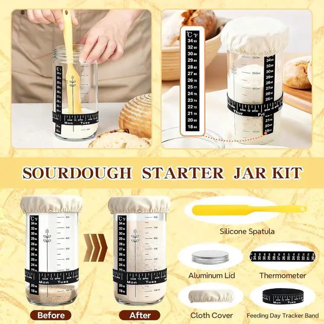 Alt view image 2 of 7 - Sourdough Starter Kit, Sourdough Bread Baking Supplies, Round & Oval Banneton Bread Proofing Basket, Bread Sling, Starter Jar, Dough Whisk, Scrapers, Stencils & Bag, Complete Sourdough Kit Gifts