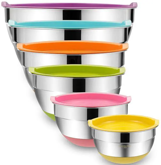 Main image of Umite Chef Mixing Bowls with Airtight Lids, 6 Piece Stainless Steel Metal Bowls, Measurement Marks & Colorful Non-Slip Bottoms Size 7, 3.5, 2.5, 2.0,1.5, 1QT, Great for Mixing & Serving