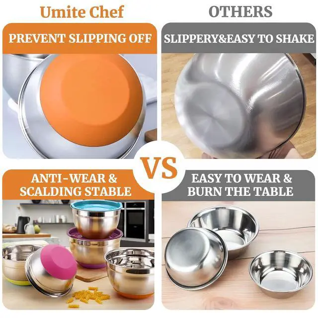 Alt view image 2 of 7 - Umite Chef Mixing Bowls with Airtight Lids, 6 Piece Stainless Steel Metal Bowls, Measurement Marks & Colorful Non-Slip Bottoms Size 7, 3.5, 2.5, 2.0,1.5, 1QT, Great for Mixing & Serving