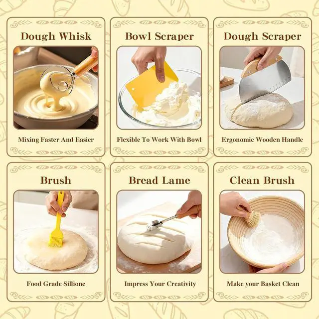 Alt view image 5 of 7 - Sourdough Starter Kit, Sourdough Bread Baking Supplies, Round & Oval Banneton Bread Proofing Basket, Bread Sling, Starter Jar, Dough Whisk, Scrapers, Stencils & Bag, Complete Sourdough Kit Gifts