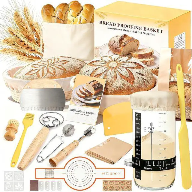 Main image of Sourdough Starter Kit, Sourdough Bread Baking Supplies, Round & Oval Banneton Bread Proofing Basket, Bread Sling, Starter Jar, Dough Whisk, Scrapers, Stencils & Bag, Complete Sourdough Kit Gifts