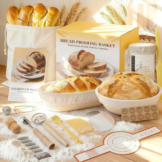 Alt view image 4 of 7 - Sourdough Starter Kit, Sourdough Bread Baking Supplies, Round & Oval Banneton Bread Proofing Basket, Bread Sling, Starter Jar, Dough Whisk, Scrapers, Stencils & Bag, Complete Sourdough Kit Gifts