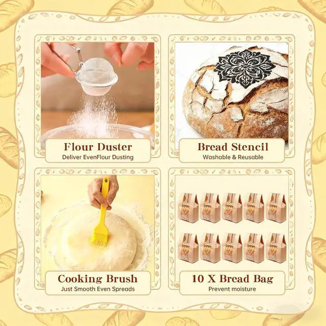 Alt view image 6 of 7 - Sourdough Starter Kit, Sourdough Bread Baking Supplies, Round & Oval Banneton Bread Proofing Basket, Bread Sling, Starter Jar, Dough Whisk, Scrapers, Stencils & Bag, Complete Sourdough Kit Gifts