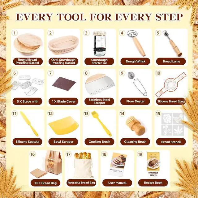 Alt view image 7 of 7 - Sourdough Starter Kit, Sourdough Bread Baking Supplies, Round & Oval Banneton Bread Proofing Basket, Bread Sling, Starter Jar, Dough Whisk, Scrapers, Stencils & Bag, Complete Sourdough Kit Gifts