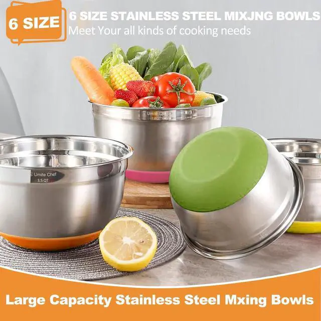 Alt view image 3 of 7 - Umite Chef Mixing Bowls with Airtight Lids, 6 Piece Stainless Steel Metal Bowls, Measurement Marks & Colorful Non-Slip Bottoms Size 7, 3.5, 2.5, 2.0,1.5, 1QT, Great for Mixing & Serving