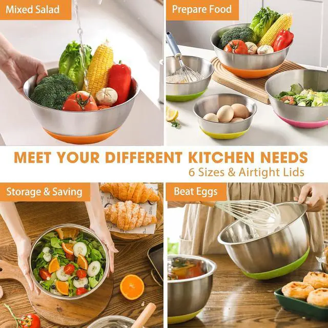 Alt view image 5 of 7 - Umite Chef Mixing Bowls with Airtight Lids, 6 Piece Stainless Steel Metal Bowls, Measurement Marks & Colorful Non-Slip Bottoms Size 7, 3.5, 2.5, 2.0,1.5, 1QT, Great for Mixing & Serving