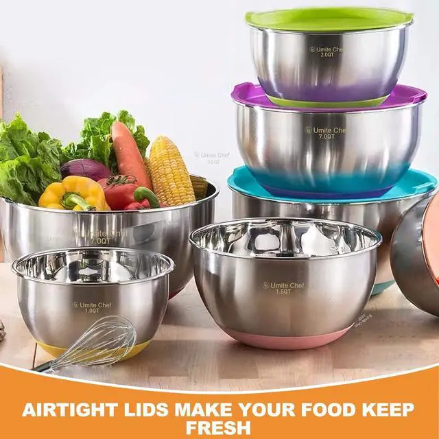 Alt view image 4 of 7 - Umite Chef Mixing Bowls with Airtight Lids, 6 Piece Stainless Steel Metal Bowls, Measurement Marks & Colorful Non-Slip Bottoms Size 7, 3.5, 2.5, 2.0,1.5, 1QT, Great for Mixing & Serving