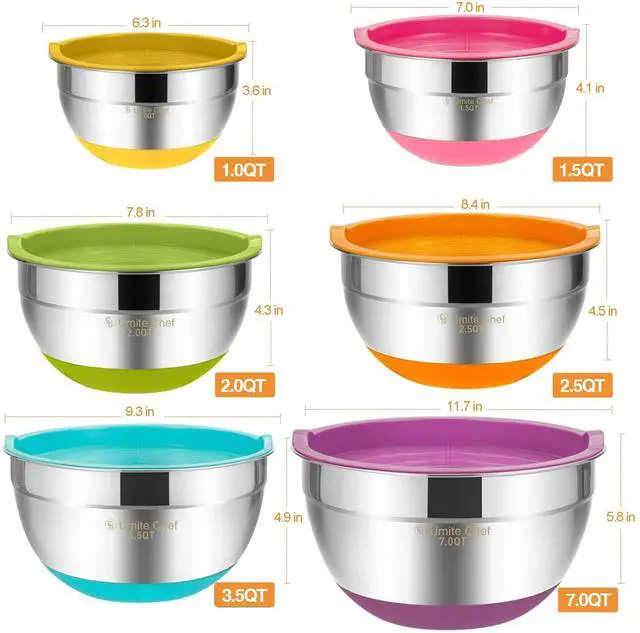 Alt view image 6 of 7 - Umite Chef Mixing Bowls with Airtight Lids, 6 Piece Stainless Steel Metal Bowls, Measurement Marks & Colorful Non-Slip Bottoms Size 7, 3.5, 2.5, 2.0,1.5, 1QT, Great for Mixing & Serving