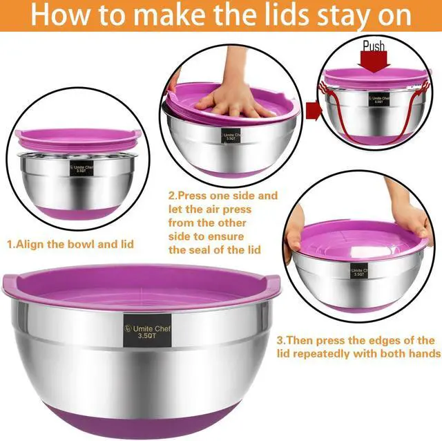 Alt view image 7 of 7 - Umite Chef Mixing Bowls with Airtight Lids, 6 Piece Stainless Steel Metal Bowls, Measurement Marks & Colorful Non-Slip Bottoms Size 7, 3.5, 2.5, 2.0,1.5, 1QT, Great for Mixing & Serving