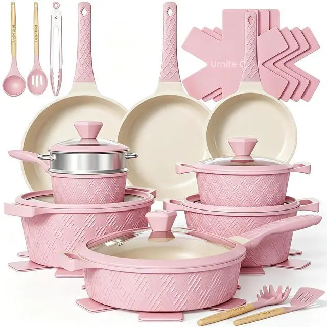 Main image of Pots and Pans Set Non Stick, 26PCS Nonstick Cookware Set, Induction Cook Ware, Includes Steamer & Silicone Utensils, Housewarming Gift, Pink Kitchen Cooking Sets w/Frying pan (PFOS, PFOA Free)