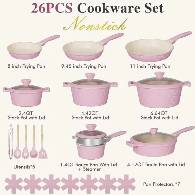 Alt view image 2 of 7 - Pots and Pans Set Non Stick, 26PCS Nonstick Cookware Set, Induction Cook Ware, Includes Steamer & Silicone Utensils, Housewarming Gift, Pink Kitchen Cooking Sets w/Frying pan (PFOS, PFOA Free)