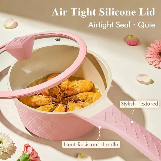 Alt view image 4 of 7 - Pots and Pans Set Non Stick, 26PCS Nonstick Cookware Set, Induction Cook Ware, Includes Steamer & Silicone Utensils, Housewarming Gift, Pink Kitchen Cooking Sets w/Frying pan (PFOS, PFOA Free)